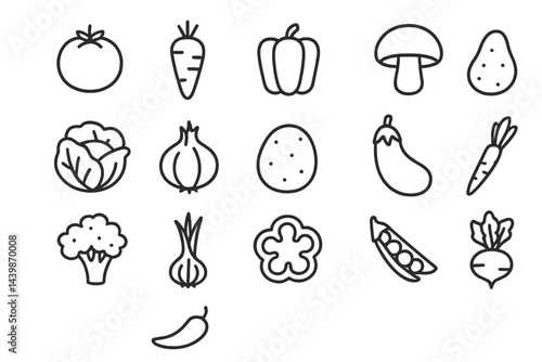 Collection of line style web icons representing various vegetables including tomato, carrot, and mushroom