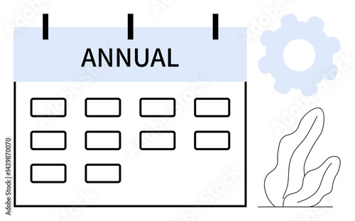 Calendar marked as annual with grid layout, gear symbol representing process, plant artwork for creativity. Ideal for organization, planning, productivity, scheduling, events, goal setting simple