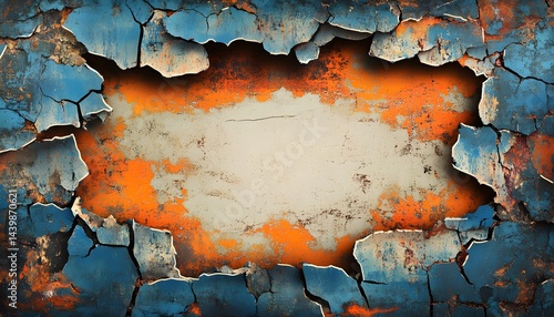 Cracked blue paint reveals a background of warm colors and textures