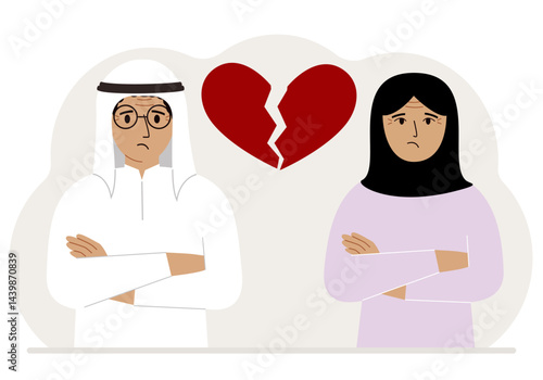 Sad man and woman next to a broken red heart. Broken heart. Vector flat illustration.