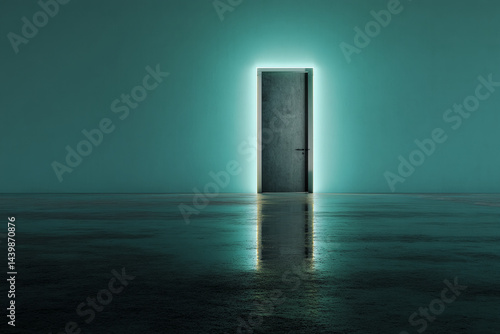 Wallpaper Mural Teal room with a closed door illuminated by a bright light, reflecting on the floor, symbolizing new beginnings or opportunities Torontodigital.ca