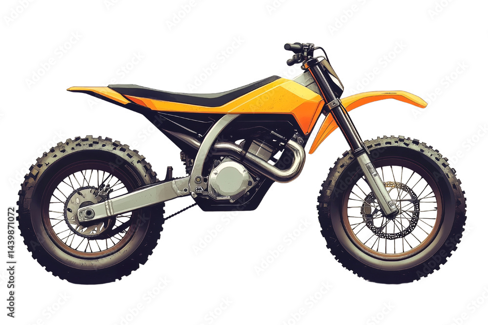 Fototapeta premium Orange off-road dirt bike for rough terrains, isolated on a transparent background.