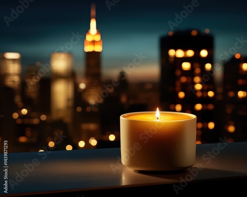 Candle Flame Against City Skyline at Dusk Glow