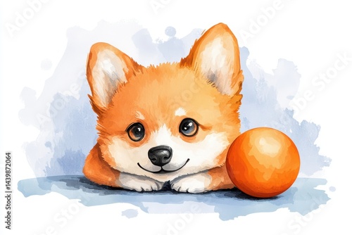 Adorable Corgi Puppy with Orange Ball Relaxing