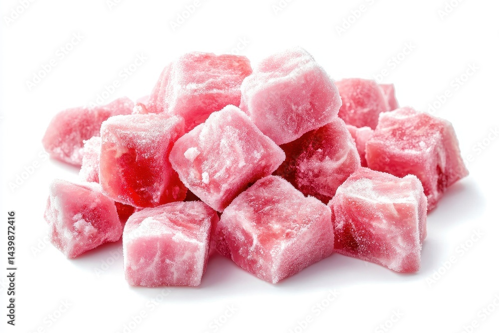 Frozen cubed meat. Small, uniformly sized, pinkish-red cubes of frozen meat, ready for use in various dishes. Ideal for stir-fries, soups, and stews Frozen cubed meat. Small, uniformly sized, pinkish-red cubes of frozen meat, ready for use in various dishes. Ideal for stir-fries, soups, and stews