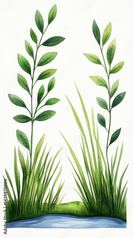 Fototapeta premium A delicate watercolor painting showcases a charming collection of small bushes and grasses near a tranquil forest stream, depicting lush greenery with vibrant green leaves and
