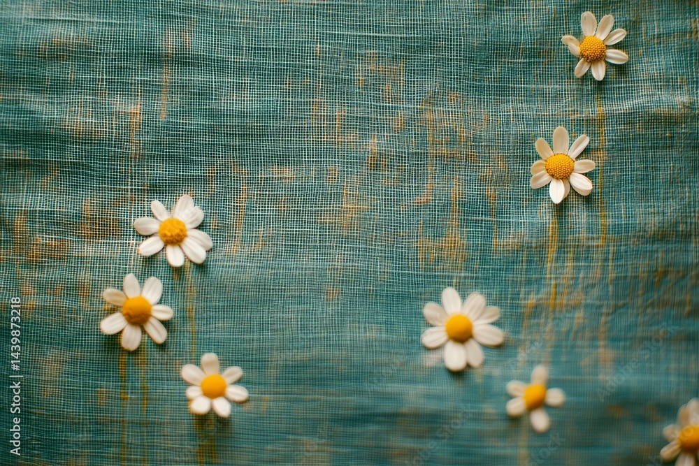 Obraz premium Delicate white flowers arranged on teal textured fabric.