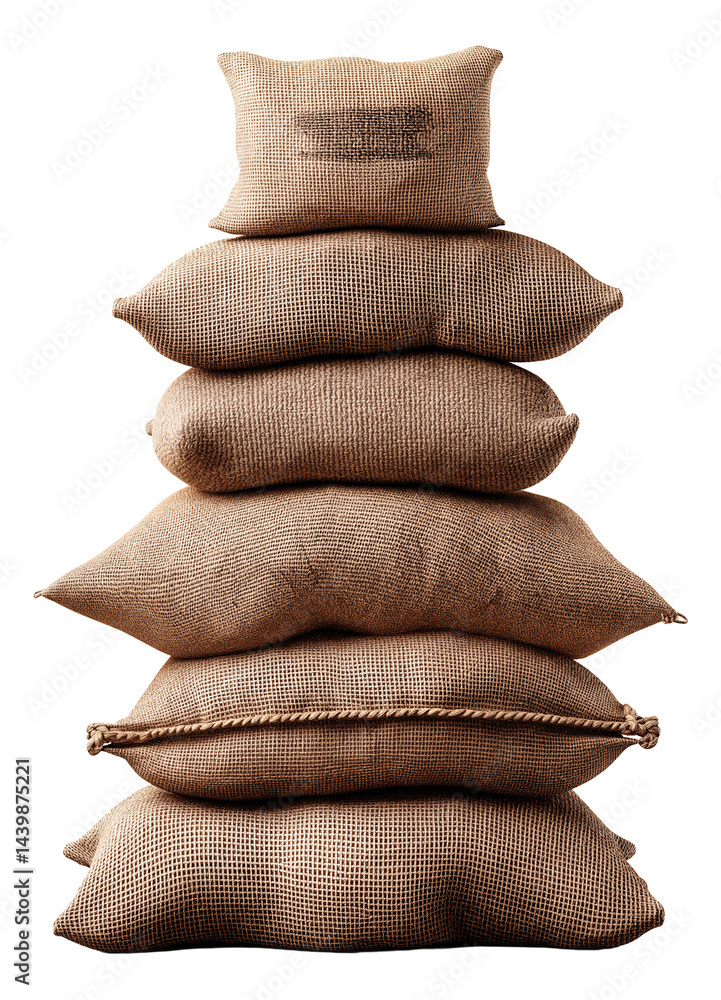 A stack of six burlap sacks piled in a neat arrangement, showcasing their rustic texture and natural color.