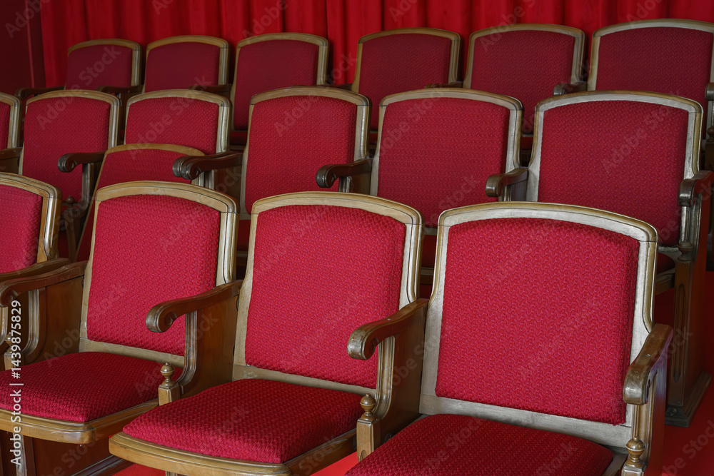 Obraz premium Empty rows of retro, old red theater or cinema seats. Old style, vintage chairs with red upholstery in concert hall.