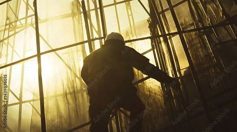 Construction Worker on Scaffolding at Sunset Construction Worker on Scaffolding at Sunset