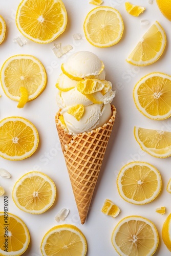 Refreshing Summer Treat Lemon Ice Cream in Waffle Cone with Fresh Lemon Slices On White Background