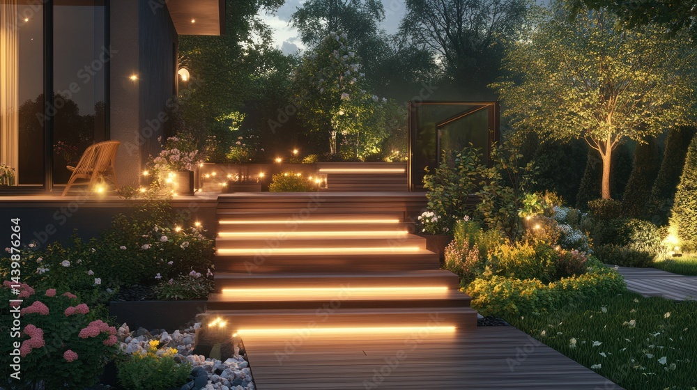 Fototapeta premium Illuminated modern home steps, garden at night, landscape design, exterior lighting