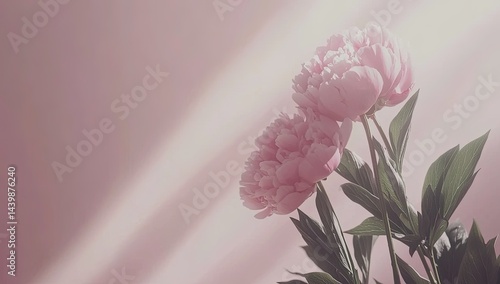 Fototapeta Naklejka Na Ścianę i Meble -  Soft light illuminates two pale pink peonies against a muted pink backdrop