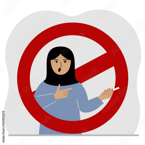 A woman with a cigarette in his hand. Around the woman is a red prohibition sign. The concept of addiction to smoking and the ban on smoking. Vector flat illustration