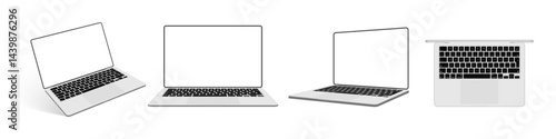 Realistic Laptop Mockup with Blank Screen – Front, Side, and Top Views on White Background