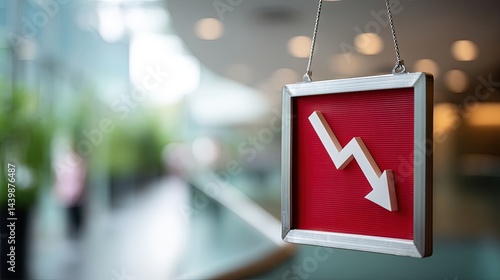 Red warning sign with downward arrow and zigzag line symbolizing real estate market decline, blurred house background