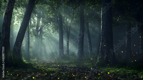Enchanted Forest at Night: Fireflies and Trees