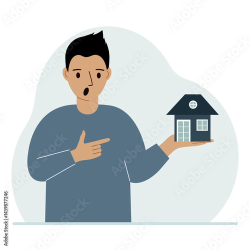 A man holds a small house in his palm. Concepts of inheritance, real estate transfer, mortgage, credit, loan or house purchase. Vector flat illustration