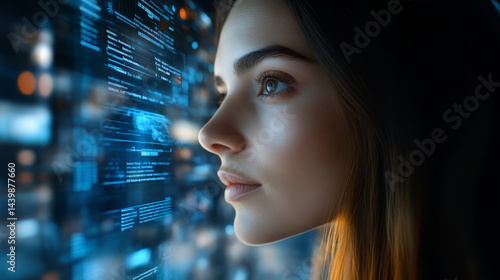 Exploring digital innovation young woman engaged with technology virtual space close-up viewpoint