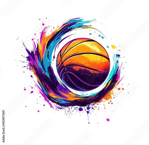 Colorful basketball engulfed in vibrant, swirling paint splatters