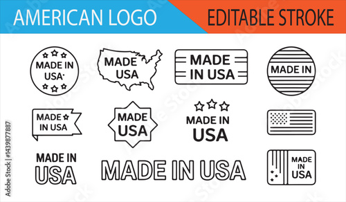 USA Logos with Patriotic Designs Featuring Editable Stroke and Star