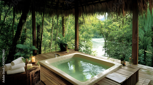Wallpaper Mural Luxury Jungle Spa: Outdoor Hot Tub with River View Torontodigital.ca