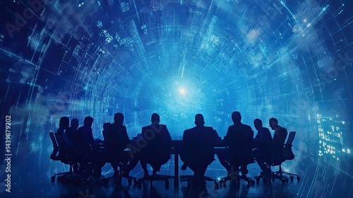 Futuristic board meeting in digital space showcases strategic collaboration