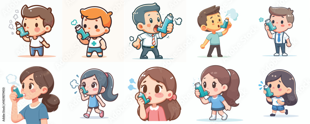 Cute Cartoon Characters Using Asthma Inhalers - Vector Set Cute Cartoon Characters Using Asthma Inhalers - Vector Set