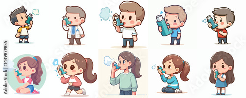 Cute Cartoon Characters Using Asthma Inhalers - Vector Set