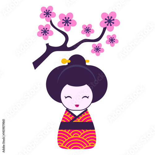 japanese kokeshi doll with sakura vector illustration