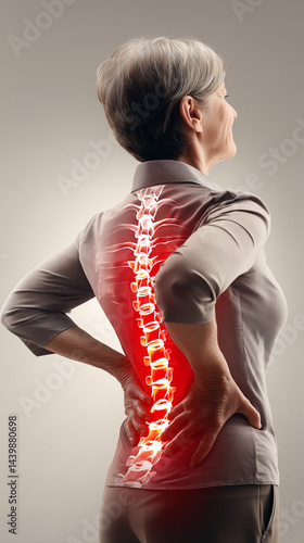 Elderly Woman with Spine Pain Highlighted in Red
