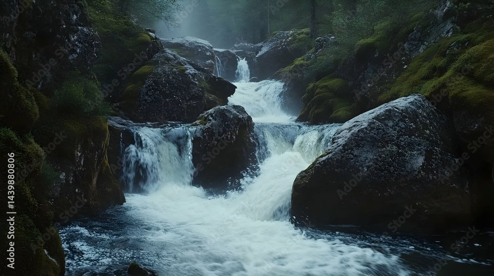 Cascading Waterfall in Lush Forest Landscape Cascading Waterfall in Lush Forest Landscape