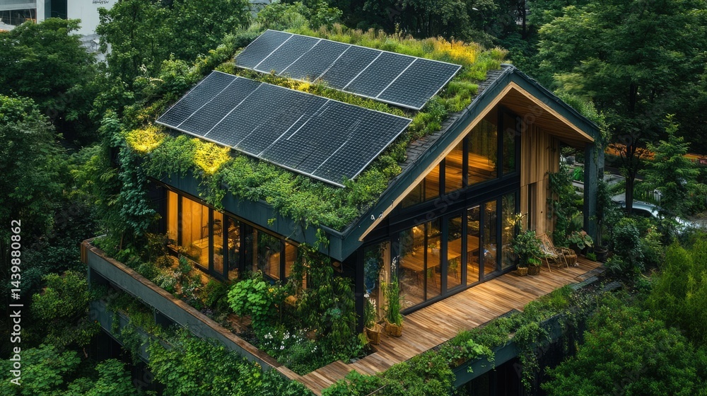 Eco-Friendly House with Green Roof and Solar Panels Eco-Friendly House with Green Roof and Solar Panels