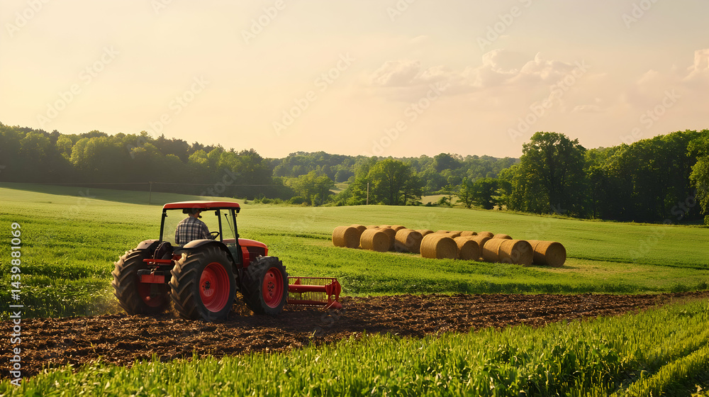 Obraz premium Serene Farmland Landscape: Tractor and Hay Bales at Golden Hour