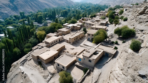 Aerial View of Traditional Village Nestled Among Mountains and Lush Green Trees in Remote Landscape
