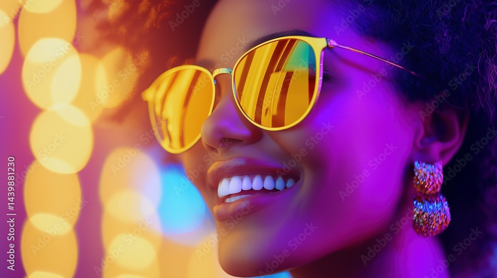 Neon chic and dazzling glow portrait image closeup. Fashionable black woman in sunglasses and glittery earrings close-up photography human scene. Nightlife mood concept photo-realistic