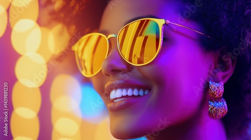 Neon chic and dazzling glow portrait image closeup. Fashionable black woman in sunglasses and glittery earrings close-up photography human scene. Nightlife mood concept photo-realistic