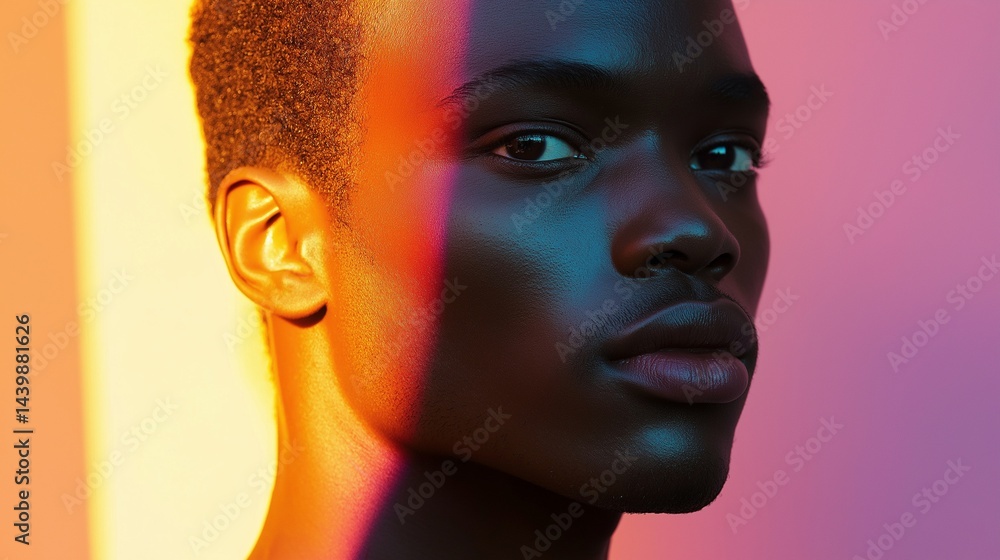Black male face illuminated by vivid light and deep shadows portrait image closeup. Dual tone. Expressive gaze close-up photography human scene. Fashion look concept photo-realistic
