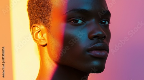 Obraz na płótnie Black male face illuminated by vivid light and deep shadows portrait image closeup. Dual tone. Expressive gaze close-up photography human scene. Fashion look concept photo-realistic w salonie