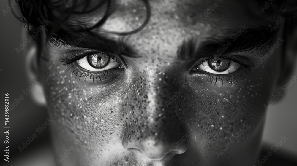 Young man striking eyes and freckled skin black-and-white portrait image closeup. Intense gaze monochrome close-up photography human. Emotional look concept photo grayscale