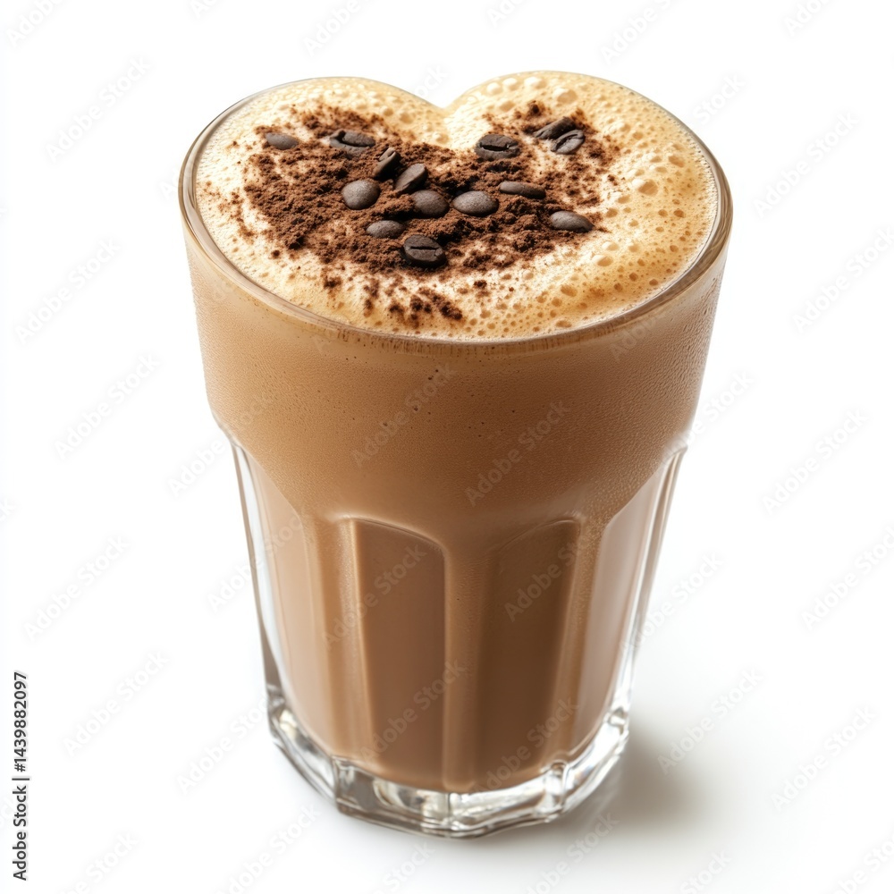 Coffee drink with heart-shaped froth and coffee beans on white background Coffee drink with heart-shaped froth and coffee beans on white background