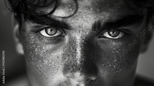 Obraz na płótnie Young man striking eyes and freckled skin black-and-white portrait image closeup. Intense gaze monochrome close-up photography human. Emotional look concept photo grayscale w salonie