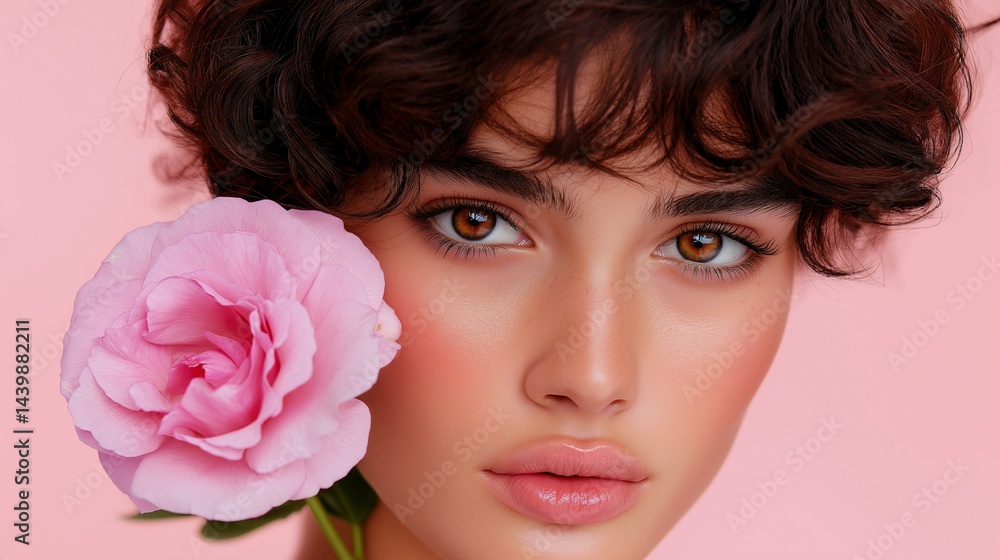 Brunette with voluminous curls and natural glam makeup near flower portrait image closeup. Pink blossom female close-up photography human scene. Beauty fashion concept photo-realistic