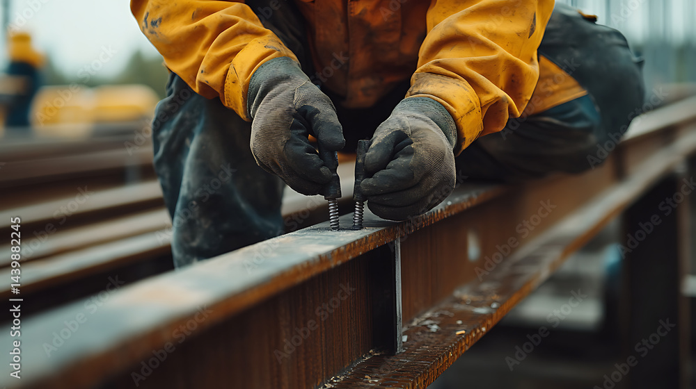 Construction Worker Fastening Bolt on Steel Beam Construction Worker Fastening Bolt on Steel Beam