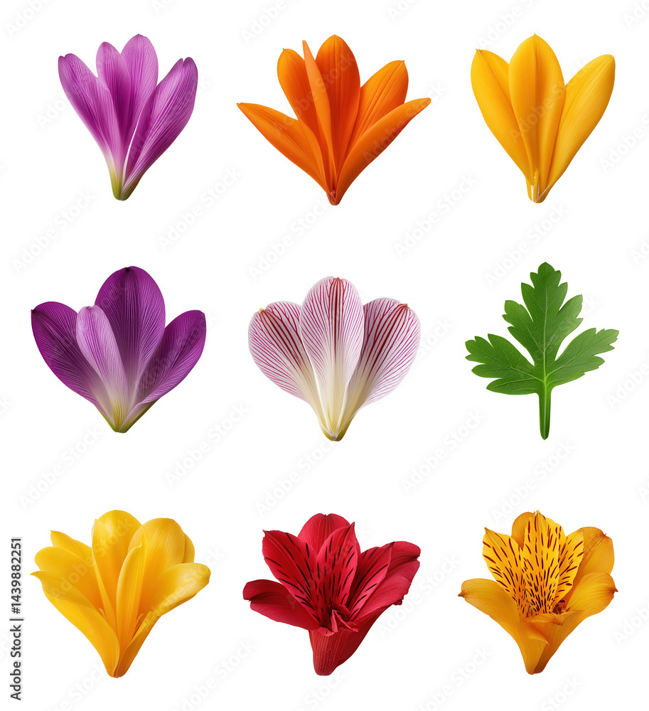 Fototapeta premium Nine colorful flower petals and a green leaf arranged in a grid pattern.