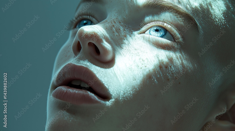 Cool light and textured skin portrait image closeup. Luminous freckled albino face lit by surreal dreamlike effect close-up photography human scene. Albinism concept photo-realistic