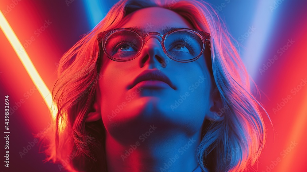 Blonde woman with eyeglasses in contrasting red blue neon lights portrait image closeup. Gazing upward close-up photography human scene. Futuristic mood concept photo-realistic
