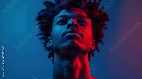 Obraz na płótnie Bold neon african american man with curly hair portrait image closeup. Upward stare, strong jawline, afro hairstyle close-up photography human. Futuristic mood concept photo-realistic w salonie