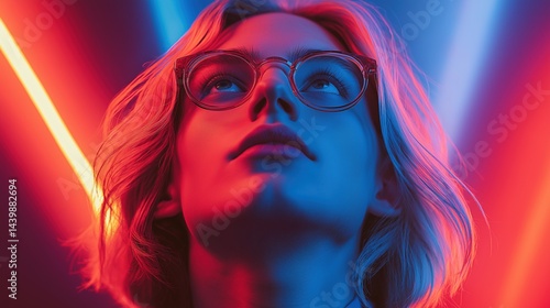 Obraz na płótnie Blonde woman with eyeglasses in contrasting red blue neon lights portrait image closeup. Gazing upward close-up photography human scene. Futuristic mood concept photo-realistic w salonie
