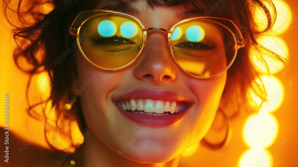 Warm lights and radiant energy portrait image closeup. Cheerful woman wearing yellow glasses close-up photography human scene. Youthful happiness. Nightlife mood concept photo-realistic